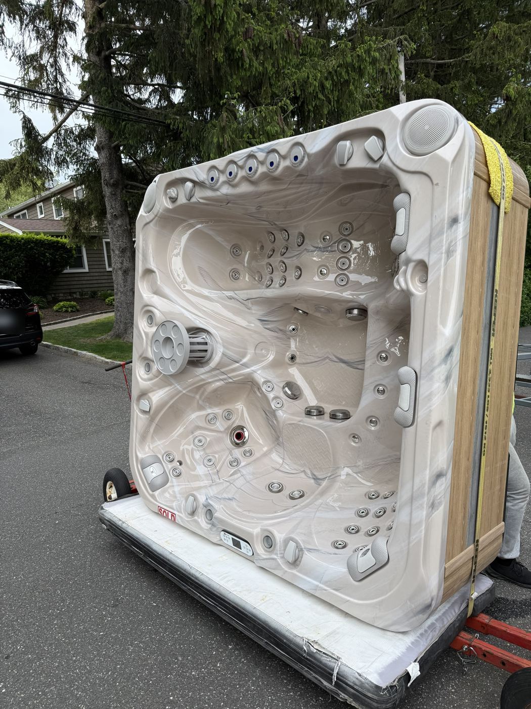 Hot tub on a spa dolly ready to roll